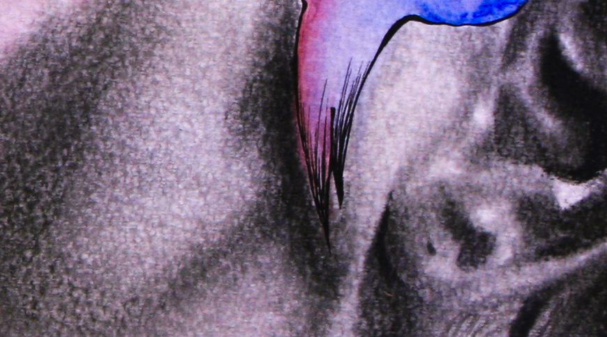 Dettaglio: l'orecchio di lei, sfumato a grafite, con una colatura di acquerello