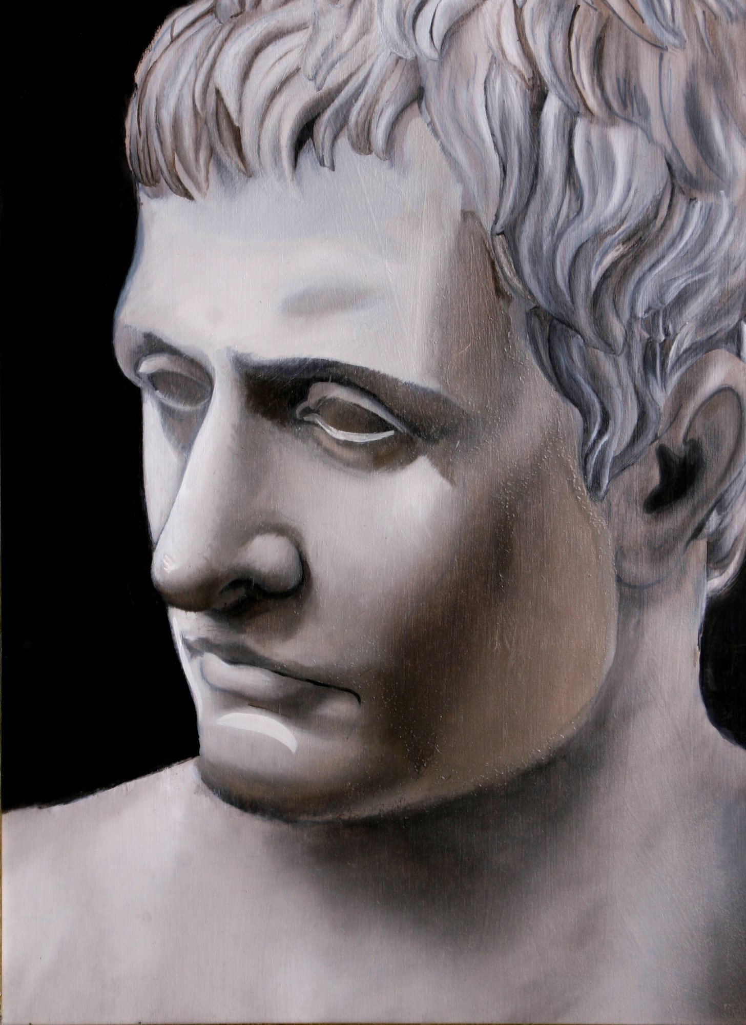 Dipinto a olio in scala di grigi di un busto classico romano, con lo sguardo rivolto verso il basso
