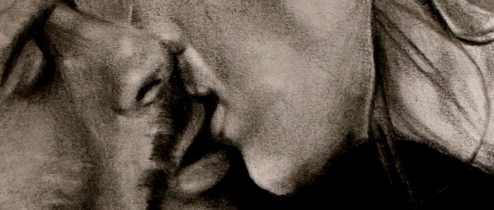 Dettaglio: i volti della coppia nel momento del bacio