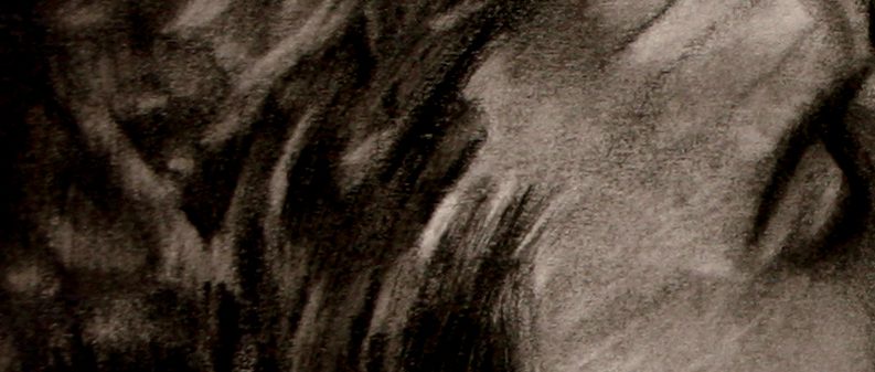Dettaglio: i capelli e l'occhio chiuso di lui, a grafite