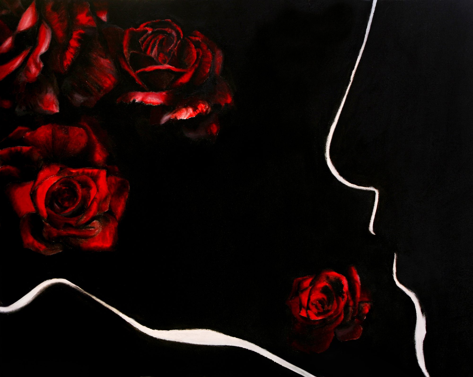 Dipinto a olio su fondo scuro: rose rosse a sinistra e il profilo di due amanti tracciato da linee bianche curve
