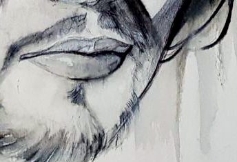 Dettaglio: labbra e barba, con le colature di acquerello