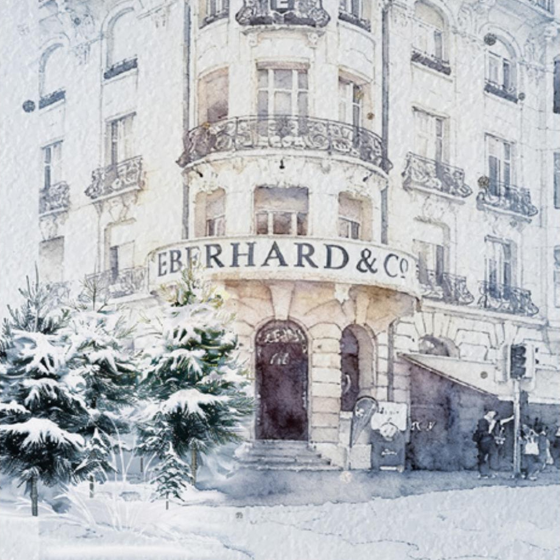 Concept Season's Greetings Eberhard & Co., palazzo storico del brand illustrato ad acquerello innevato