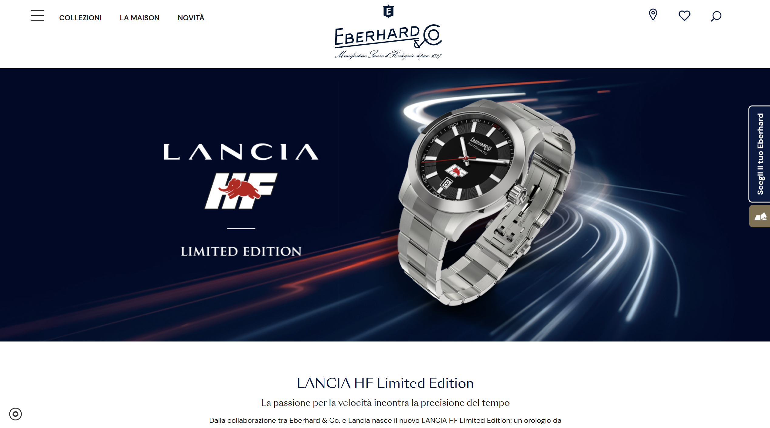 Screenshot della pagina Eberhard & Co. dedicata al LANCIA HF Limited Edition, con hero, logo e cronografo su sfondo blu notte