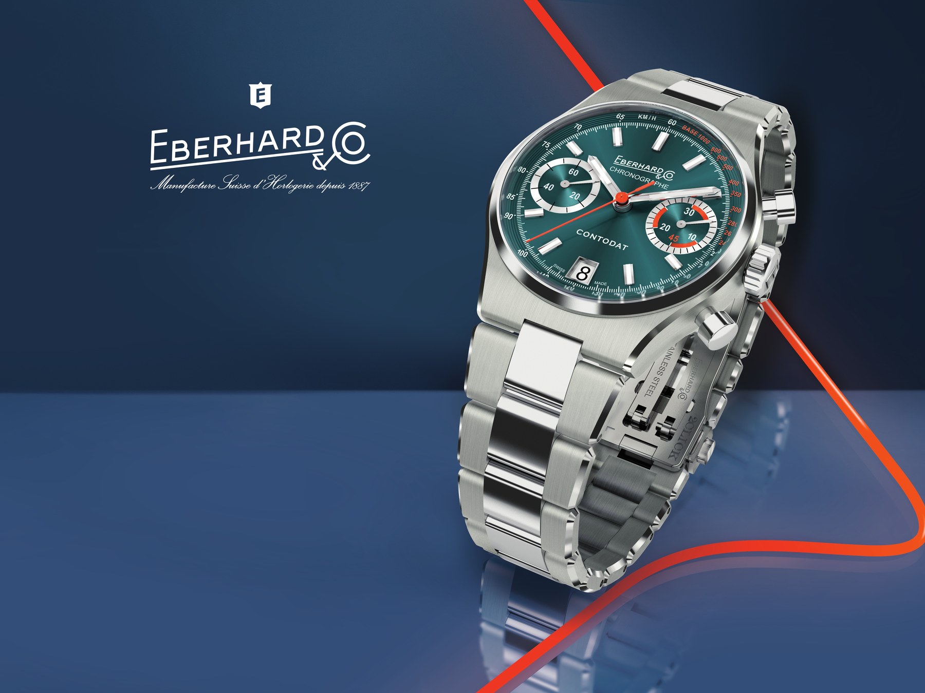 Cronografo Eberhard & Co. Contodat su sfondo blu con filo arancione, backwall fiera Inhorgenta